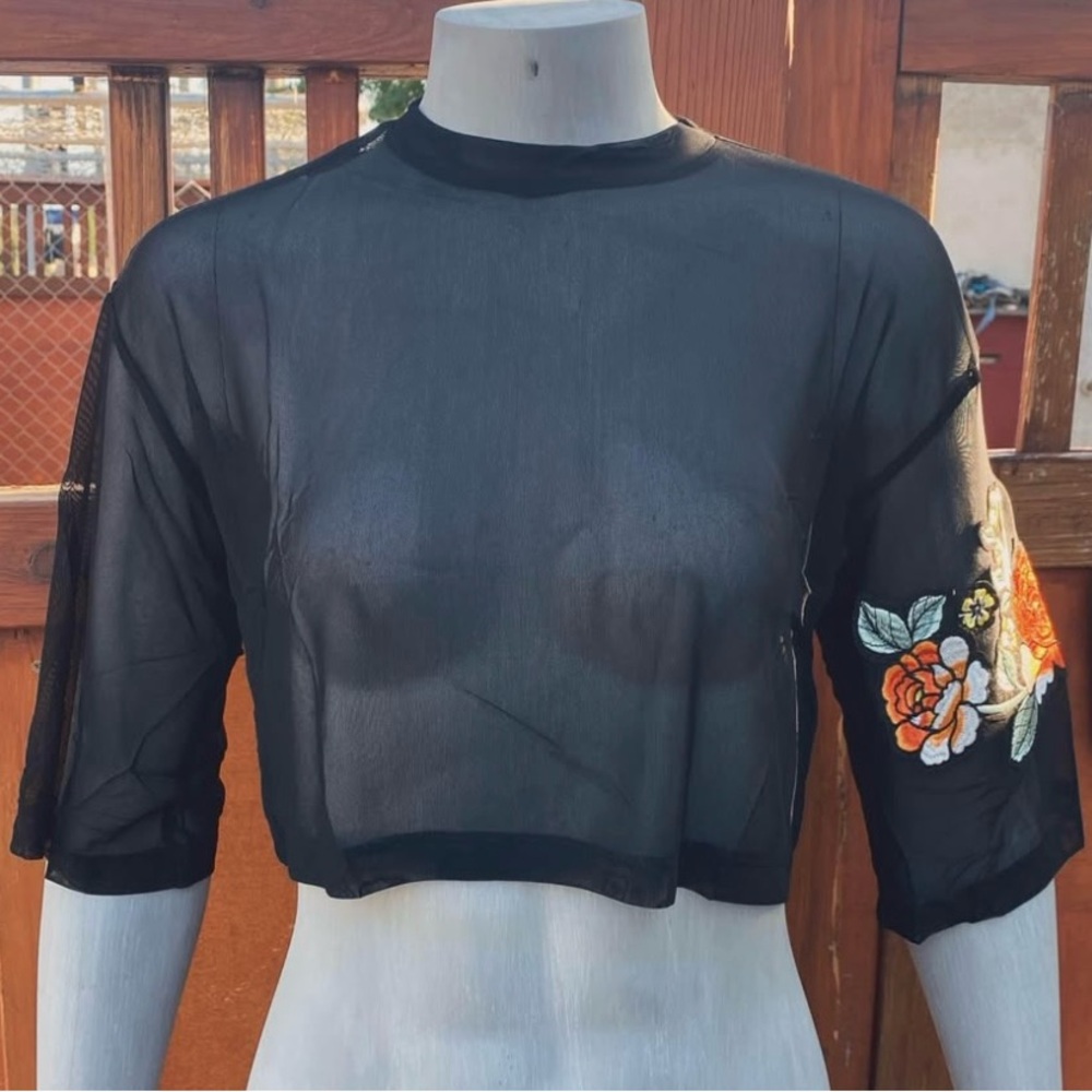 Floral Embroidered Black Sheer Crop Top